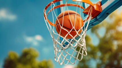 A Basketball In A Net Against A Blue Sky Background, Capturing The Triumphant Moment, Wallpaper Pictures, Background Hd