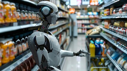 Fototapeta premium Futuristic AI Robot Assisting Customers at Supermarket Checkout with Automated Scanning Technology
