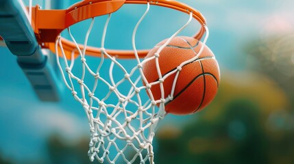 Fototapeta premium A Basketball In A Net Against A Blue Sky Background, Capturing The Triumphant Moment, Wallpaper Pictures, Background Hd