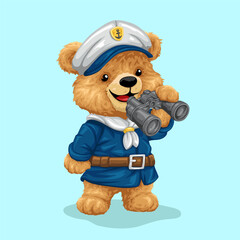 Cute teddy bear cartoon character in sailor costume with binocular. Vector illustration