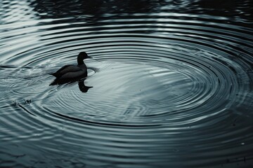 A serene image of a Eurasian coot gliding across a pond, creating ripples in the water.