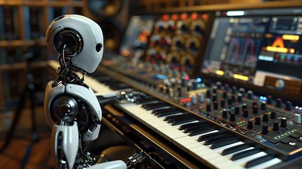 Fototapeta premium Futuristic AI Robot in Music Studio Crafting Electronic Tracks with Creative Process