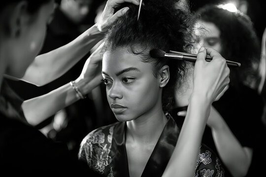 Backstage at a fashion show, with models in luxurious robes getting their hair and makeup done by professional stylists.