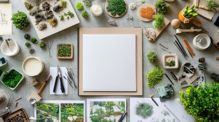 Overhead view of a landscape architectâ€™s workspace with an empty sketch pad in the middle, surrounded by design materials, drawing tools, and reference images