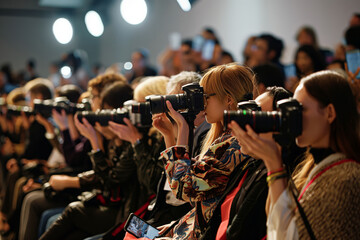 Fashion show audience captivated by models showcasing the latest designer collection, with rows of photographers capturing every moment.