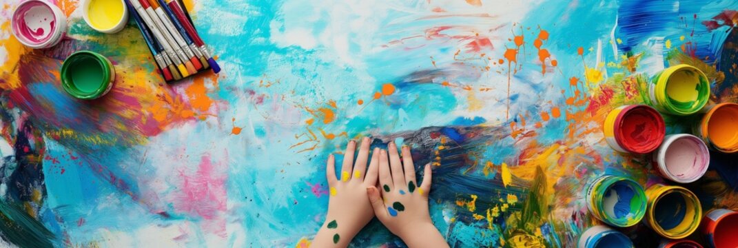 Children's handprints in a variety of bright colors cover a canvas filled with paint splatters, showcasing creativity and fun.