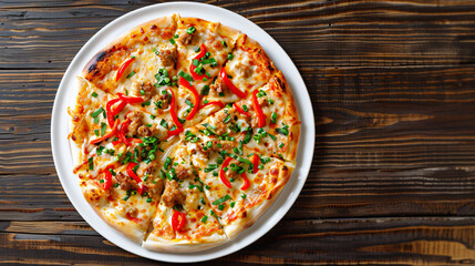 Delicious pizza with melted mozzarella, sausage, and red pepper slices, lying on a white plate on a...