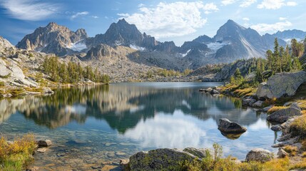 Breathtaking View of Mountain Lake Surrounded by Towering Peaks, Crystal-Clear Water Reflecting Landscape Under Bright, Cloudless Sky