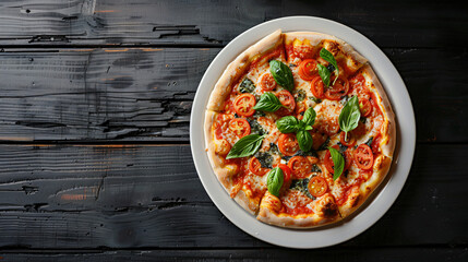 Freshly baked pizza margherita with mozzarella and basil on a rustic black wooden table