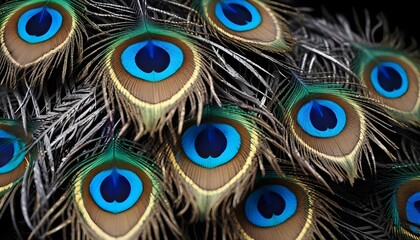 Obraz premium A peacock feather featuring brilliant colors and patterns, with droplets of water on the surface adding a sparkling effect