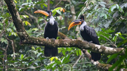 Obraz premium Two Wreathed Hornbills Perched on a Branch