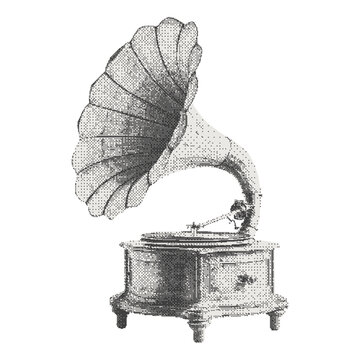 recommend clip art: Retro Gramophone. Halftone collage cutout element in a surreal bitmap style for scrapbook, poster, t-shirt. Vector illustration isolated on transparent background with dotted photocopy texture.