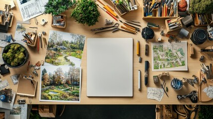 Top-down view of a landscape architectâ€™s desk with an empty sketch pad in the center, complemented by design tools, drafting supplies, and scattered reference images