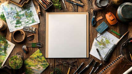 Top-down view of a landscape architectâ€™s desk with an empty sketch pad in the center, complemented by design tools, drafting supplies, and scattered reference images