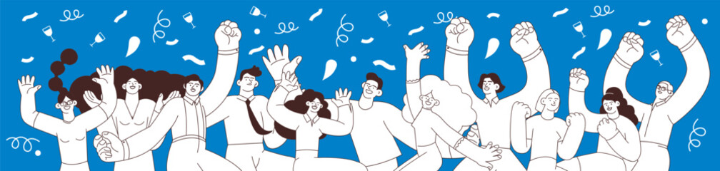 Collection of happy business employee females and males jumping in the air cheerfully on colorful background with graphic elements. Black and white modern vector illustration. Social media concept
