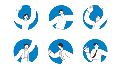 Collection of badges. Happy business employee males in circle shapes on colorful background. Black and white modern flat vector illustration. Social media concept.