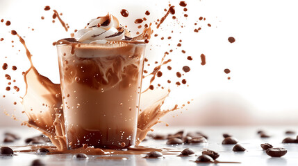 Iced coffee with cream and coffee with splash beans on a white background