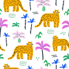 Childish jungle pattern with cute modern style cheetah characters and palm trees. Vector seamless texture for kids apparel,wallpaper, fabric. © solodkayamari