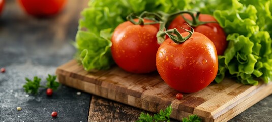 Bright red tomatoes and crisp green lettuce are artfully arranged on a wooden cutting board, showcasing fresh produce ready for cooking or salad preparation.