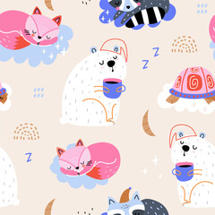 Sleeping cartoon animals childish pattern. Vector seamless texture for fabric, apparel and so on.Funny creative animals