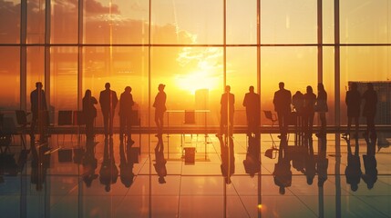 Team Collaboration in a Glass-Walled Office at Sunset