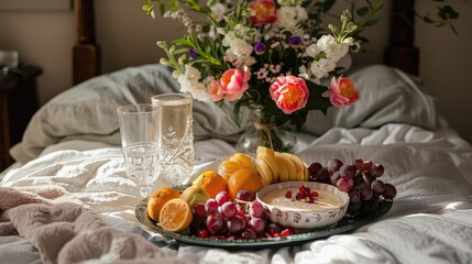 Mother's Day breakfast in bed setup with fresh flowers