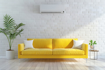 A yellow sofa and a white brick wall in a modern air-conditioned living room.