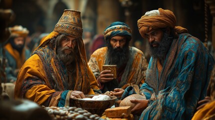 Three Wise Men in Colorful Robes, Biblical Scene, Suitable for Religious Holidays and Historical Promotions
