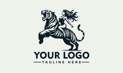 Woman riding a tiger Vector logo black and white, stylized for logo, poster, and design projects needing a bold, powerful element.