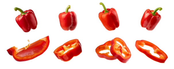 Red bell peppers in various stages of slicing, showcasing fresh and vibrant vegetables perfect for cooking and nutrition.