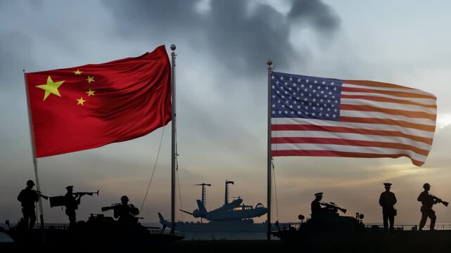 Chinese and American flags wave side by side with silhouetted soldiers and military equipment in the foreground, symbolizing geopolitical tension and hope for resolution