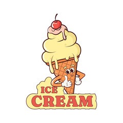 Mascot ice cream logo. A cartoon groovy character showing a gesture of approval - a thumbs up. Isolated on a white background. Retro style. Vector illustration.