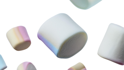 Close-up of colorful marshmallows floating against a clean background. Perfect for confectionery and dessert themes.