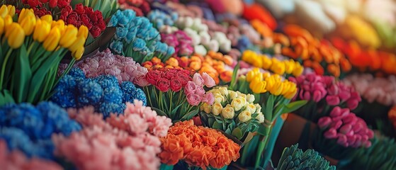 A colorful display of various flowers in full bloom at a bustling outdoor market, capturing the lively atmosphere and rich diversity of floral beauty.