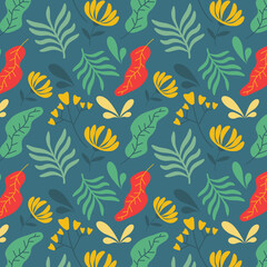 Exotic tropical flowers and leaves seamless pattern