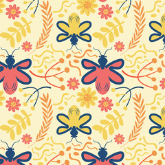 Hand drawn folk style seamless pattern with lovely bugs and flowers in retro colors