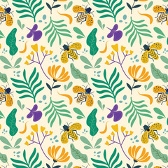 Seamless floral pattern with hand drawn cute bugs and beetles in flat design