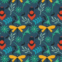 Vector floral seamless pattern with ants and fly. Wild flowers summer background. Good for fashion, textile, fabric, packaging