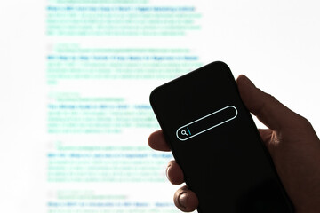 Search engine in phone. SEO website. Web result text. Banner to find job, data or information...