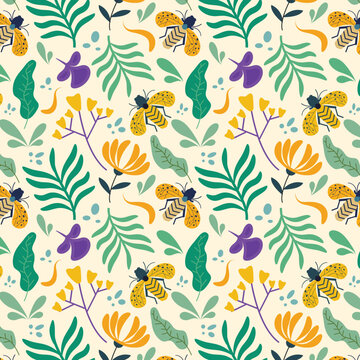 Seamless floral pattern with hand drawn cute bugs and beetles in flat design