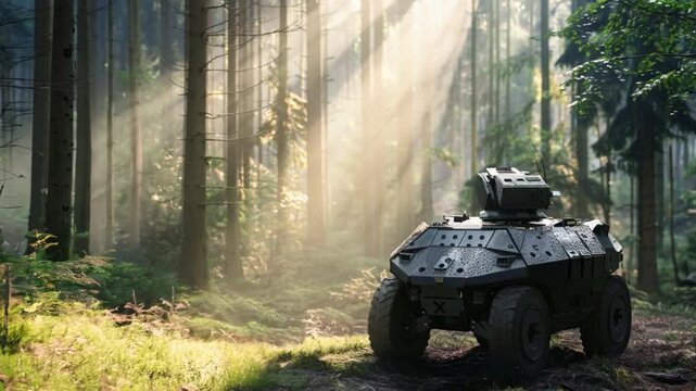Autonomous armored vehicle - a small armored vehicle that can be controlled remotely. Install machine guns and CCTV cameras. moving through the forest