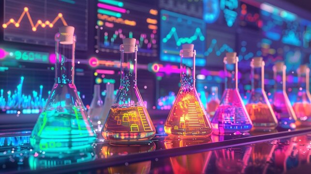 Four brightly lit chemical flasks with colorful solutions are placed in a modern laboratory with data analysis graphs in the background.