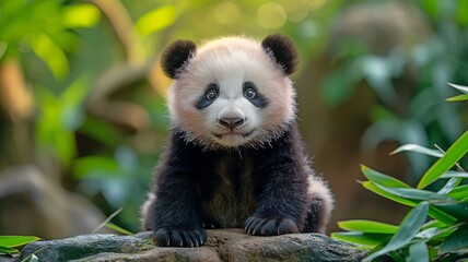 Obraz premium A cute panda cub stands amidst luscious greenery, striking a beautiful stance.