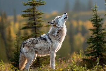 Fototapeta premium A serene image of a grey wolf howling at the moon in a remote wilderness area