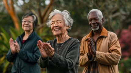 Fototapeta premium A group of seniors joyfully performs Tai Chi in a peaceful park setting