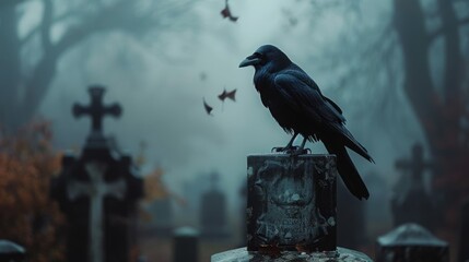 Fototapeta premium Crow perched on a tombstone, foggy graveyard background, ominous and dark