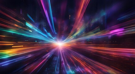 A colorful, blurry image of a cityscape with bright lights and neon signs