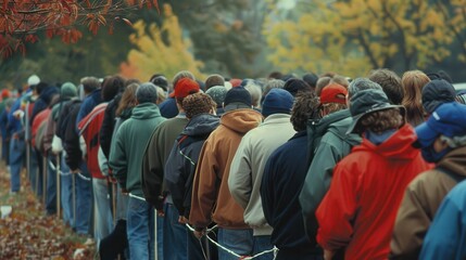 A group of individuals stands in a long line, awaiting their turn in a cool autumn setting
