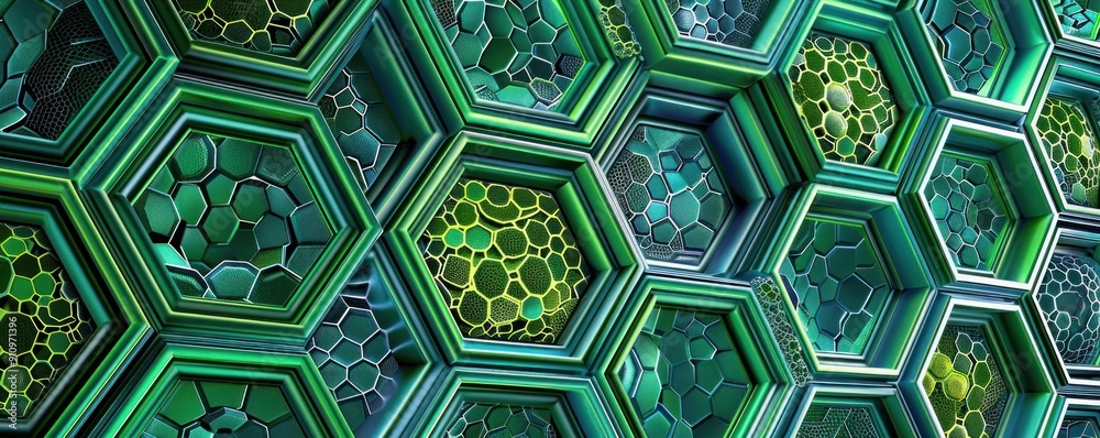 Fototapete a detailed pattern of interconnected hexagons with intricate internal designs, rendered in vibrant g