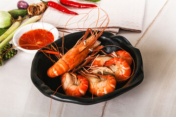 Boiled tiger prawn with sauce